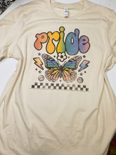 Load image into Gallery viewer, PRIDE rainbow butterfly on cream graphic tee
