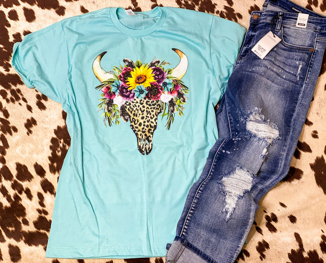 Floral cheetah skull graphic tee