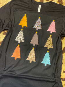 Multicolored trees on black graphic tee