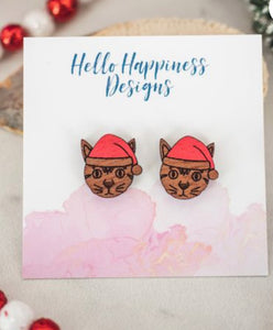 Santa hat Cat wood stud earrings