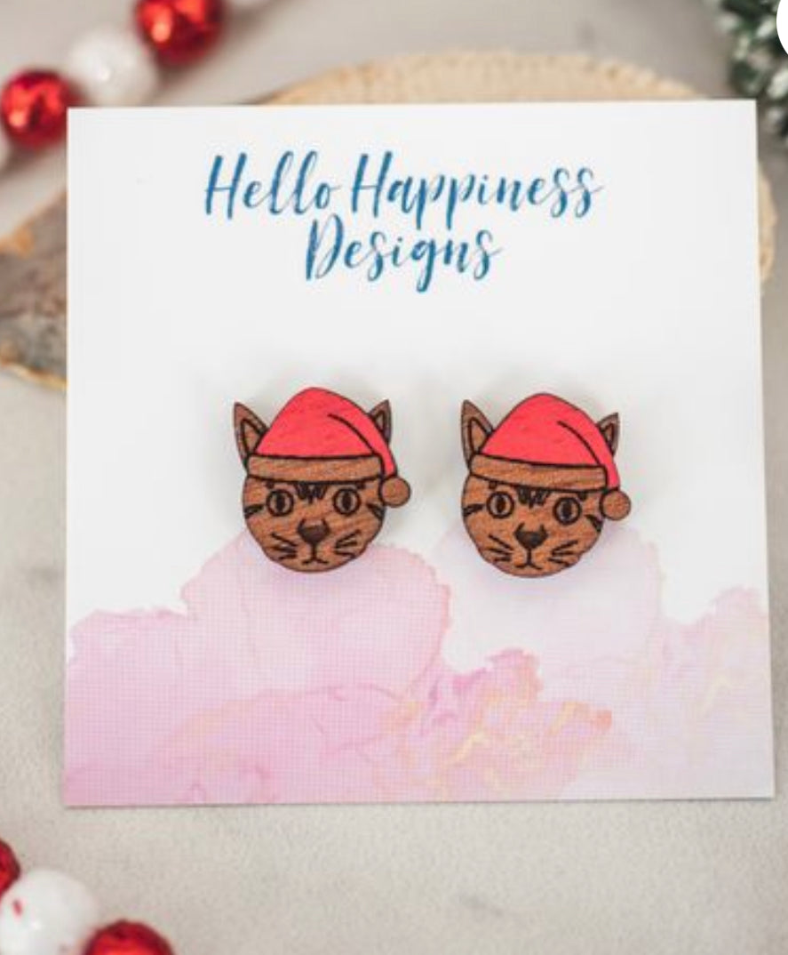 Santa hat Cat wood stud earrings