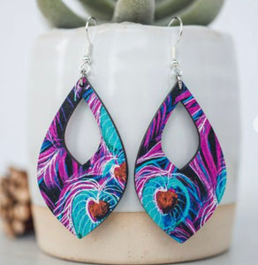 Purple Peacock Cutout Teardrop Wood Dangles