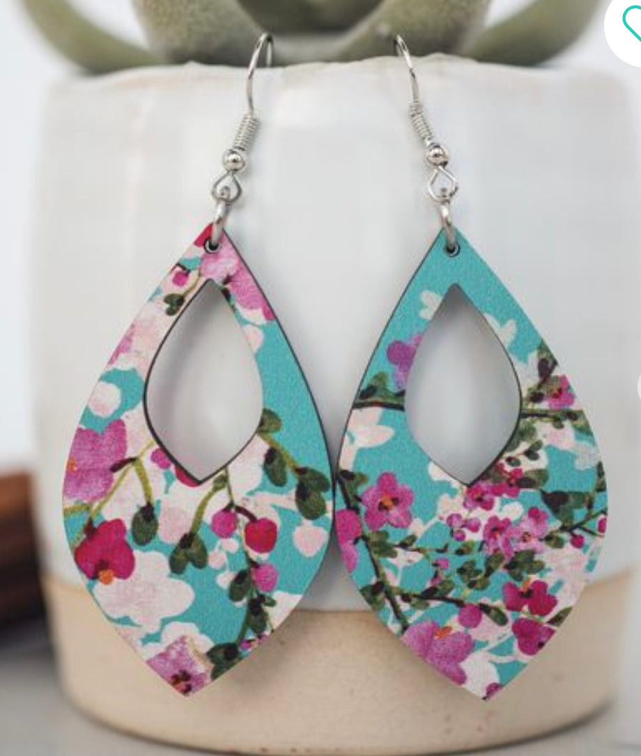 Cherry Blossom Teardrop Wood Dangle Earrings