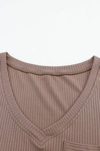 Ribbed Knit Long Sleeve V Neck Top With Chest Pocket