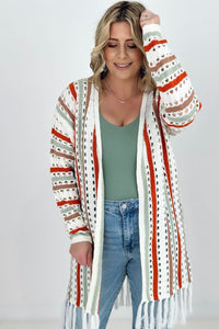 Cozy Co Multi-Color Striped Open Knit Fringe Cardigan