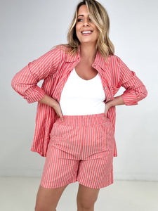 Zenana Striped Button Down Long Sleeve Shirt and Shorts Set