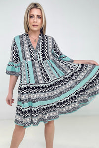 Easel "Reva" Bell Sleeve Boho Print Dress