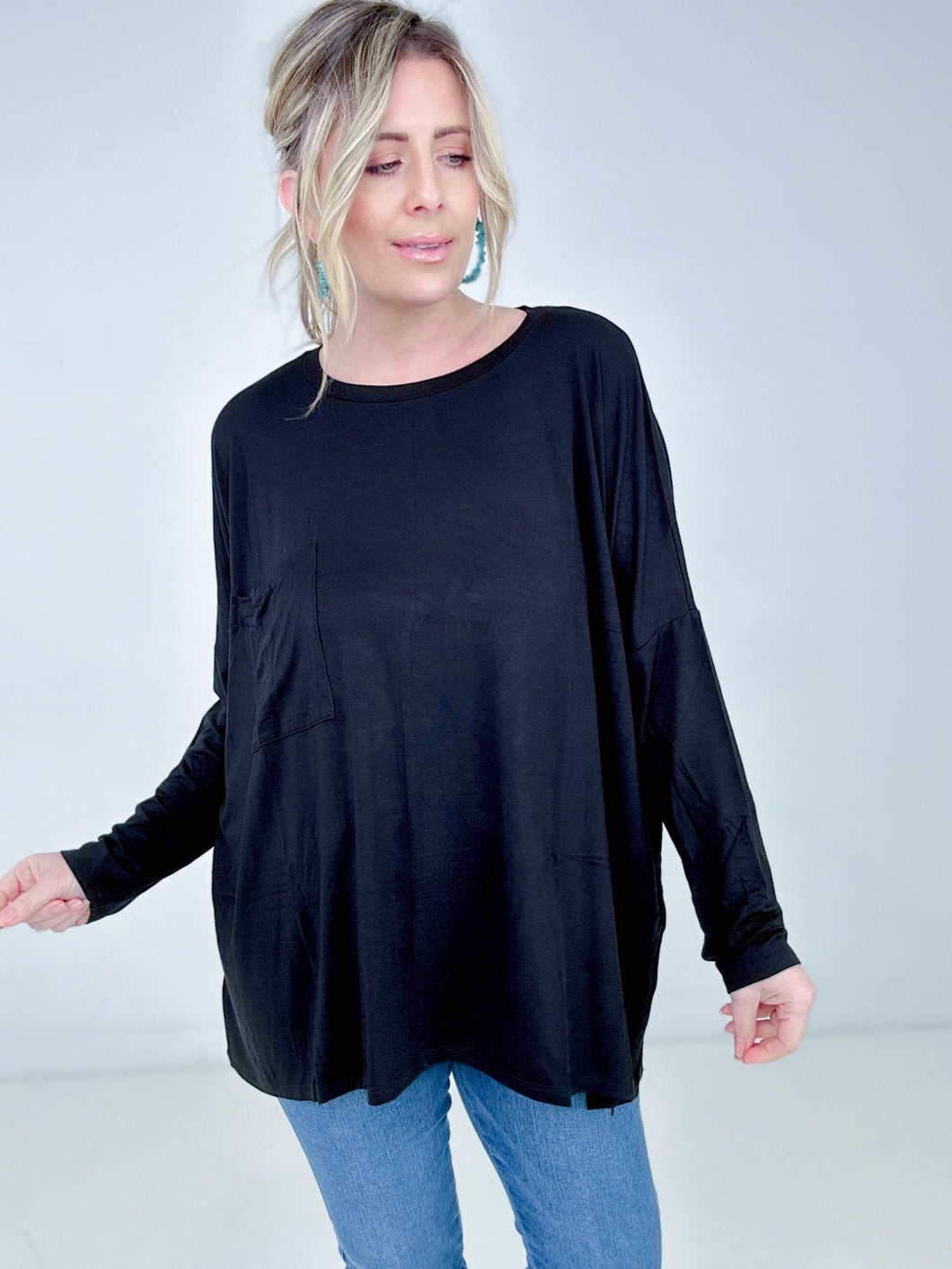 Zenana Luxe Rayon Oversized Round Neck Front Pocket Top