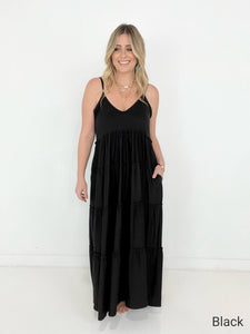 New Colors - Zenana V-Neck Cami Maxi Tiered Dress with Side Pockets