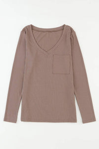 Ribbed Knit Long Sleeve V Neck Top With Chest Pocket