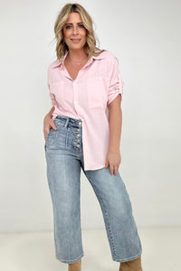 Cozy Co Fold Up Sleeve Button Down Blouse