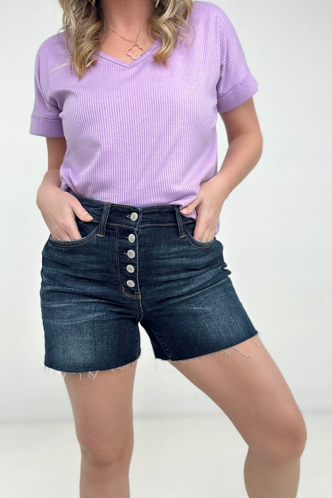 Judy Blue High Waist Super Dark Wash Buttoned Fly Cut Off Denim Shorts