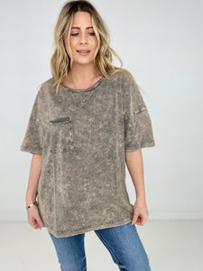 Zenana Acid Wash Front Pocket Raw Edge Top