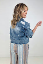 Load image into Gallery viewer, Pearl Embellished Ripped Button Down Denim Jacket
