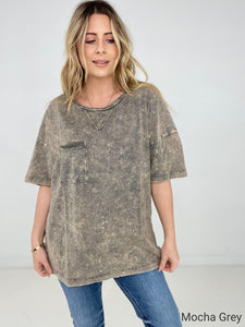 Zenana Acid Wash Front Pocket Raw Edge Top