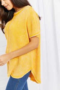 Zenana Start Small Washed Waffle Knit Top in Yellow Gold