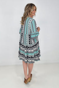 Easel "Reva" Bell Sleeve Boho Print Dress