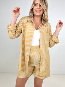 Zenana Striped Button Down Long Sleeve Shirt and Shorts Set