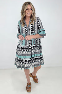 Easel "Reva" Bell Sleeve Boho Print Dress