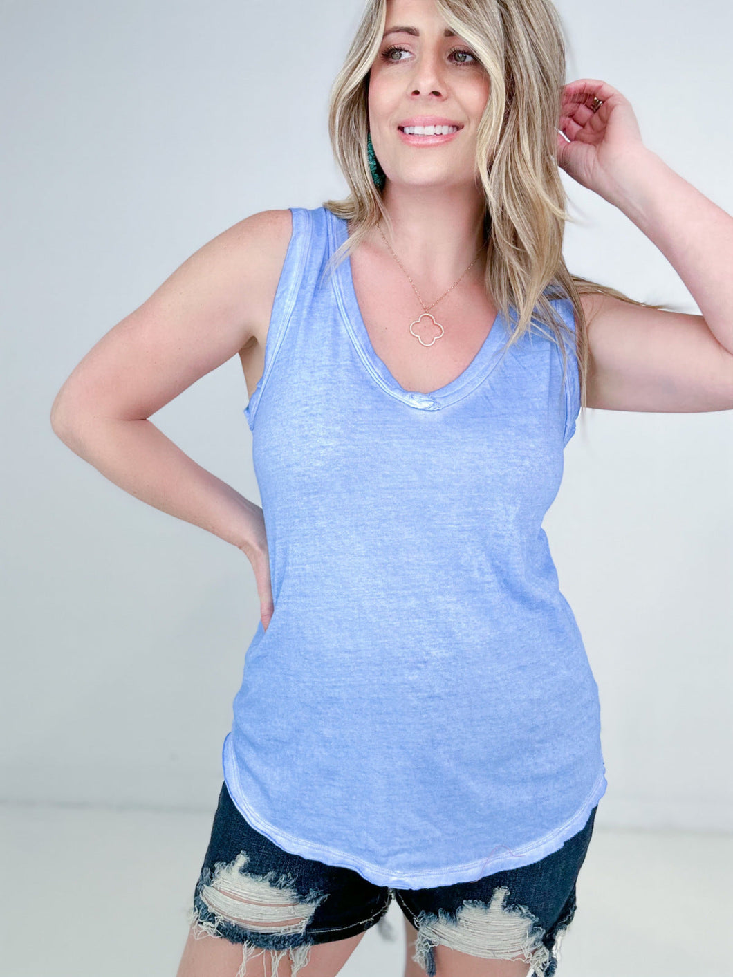 Zenana Washed Raw Edge V-Neck Tank Top