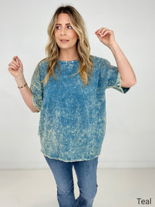 Zenana Acid Wash Front Pocket Raw Edge Top