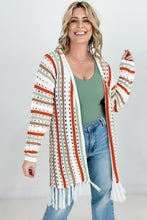 Load image into Gallery viewer, Cozy Co Multi-Color Striped Open Knit Fringe Cardigan
