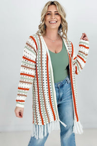 Cozy Co Multi-Color Striped Open Knit Fringe Cardigan