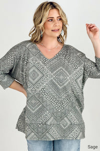 BiBi Aztec Print French Terry V Neck Top