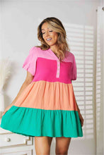 Load image into Gallery viewer, Double Take Color Block Buttoned Puff Sleeve Dress
