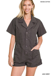 Zenana Woven Cotton Button Front Shirt Romper