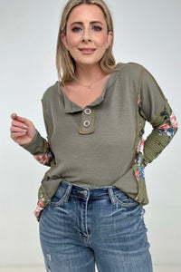 BiBi "Primrose" Thermal Knit Floral Color Block Henley Top