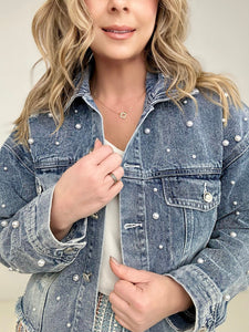 Pearl Embellished Ripped Button Down Denim Jacket