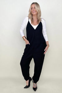 Textured Black Sleeveless V-Neck Pocketed Jumpsuit